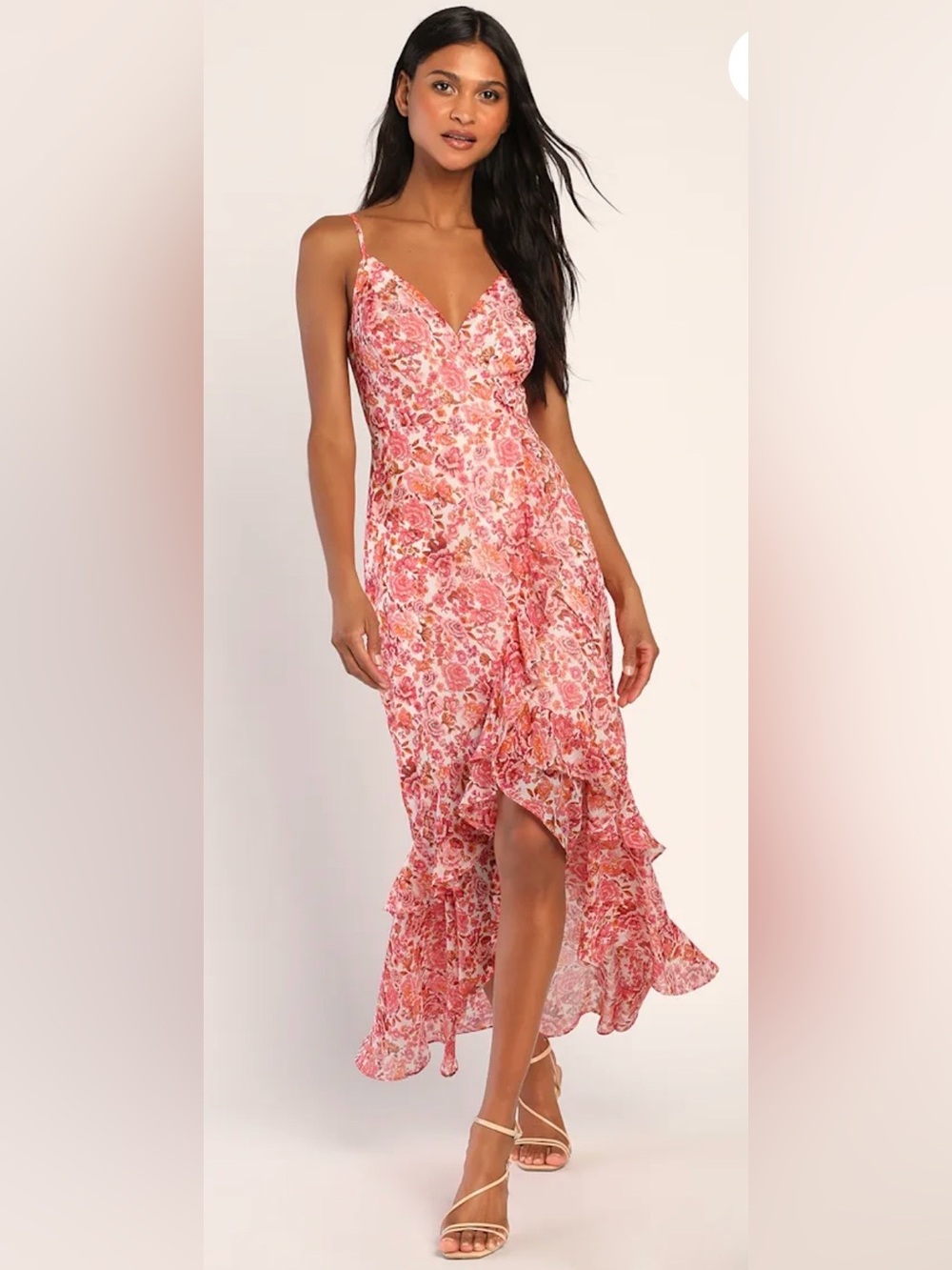 Lulus Always Enchanting Pink Floral Metallic Ruffled High-Low Dress ✨